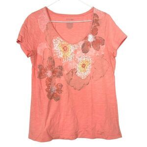 St. Johns Bay Floral Sequin Cotton Slub Knit T-shirt Coral Pink Medium